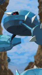 animal_focus beldum black_sclera blurry canyon claws closed_mouth cloud colored_sclera day from_below gen_3_pokemon highres metang nintendo no_humans outdoors pokemon pokemon_(creature) red_eyes sky solo spikes yunimaru