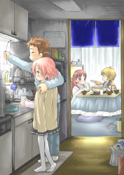 Rule 34 | 00s, 2boys, 2girls, ahoge, blonde hair, bousouzoku, brown hair, closed eyes, coat, delinquent, gotou yuuko, gotouza, gottouza, indoors, kitchen, kogami akira, kotatsu, ladle, long hair, lucky star, multiple boys, multiple girls, ono daisuke, pantyhose, pink hair, pleated skirt, shiraishi minoru, short hair, skirt, slice of life, table, television, tokkoufuku, ubizo, white pantyhose