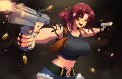 1girl bare_shoulders belt beretta_92 black_gloves black_lagoon bullet buttslayer collarbone denim denim_shorts dual_wielding eyelashes fang fingerless_gloves firing fur-trimmed_shorts fur_trim gloves green_belt gun handgun highres holding holding_gun holding_weapon holster long_hair muzzle_flash navel open_mouth red_hair revy_(black_lagoon) shorts shoulder_tattoo smile smoke solo tattoo teeth tongue upper_teeth_only weapon yellow_eyes