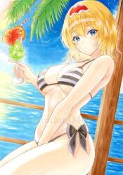 1girl :o alice_margatroid bikini blonde_hair blue_eyes breasts cleavage frilled_hairband frills hairband halterneck highres kapibaradon0405 looking_at_viewer medium_breasts midriff ocean outdoors red_hairband short_hair side-tie_bikini_bottom solo string_bikini swimsuit thick_thighs thighs touhou traditional_media