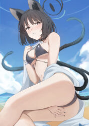 1girl absurdres animal_ears ass bakeneko bikini black_nails black_tail blue_archive blue_bikini blue_halo blue_sky blue_tail blush breasts cat_ears cat_girl cat_tail cleavage cloud cloudy_sky commentary criss-cross_halter criss-cross_straps day fingernails gradient_tail halo halterneck highres kikyou_(blue_archive) kikyou_(swimsuit)_(blue_archive) layered_bikini looking_at_viewer medium_breasts multiple_tails nail_polish navel official_alternate_costume ref_(pmxt4483) short_hair sky solo swimsuit tail thighs two_tails