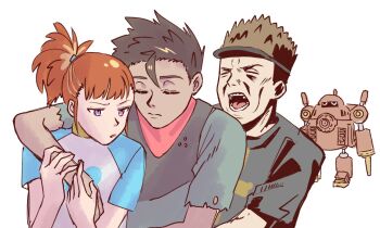 Rule 34 | akiyama ryo, belt, digimon, digimon (creature), digimon tamers, guardromon, hair ornament, hairpin, heart, long hair, makino ruki, meme, open mouth, ponytail, robot, shiota hirokazu, simple background, white background