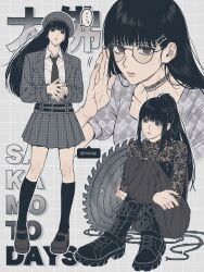 ... 1girl adjusting_eyewear alternate_costume argyle_clothes argyle_shirt belt beret black_boots black_hair black_socks blazer blunt_bangs boots brown_eyes choker commentary crossed_arms crossed_legs dress_shirt english_text full_body glasses grey_necktie grey_pants grey_skirt hair_ornament hairpin hand_up hands_under_legs hat high_ponytail highres houndstooth jacket jewelry knee_boots kneehighs knees_up kuroiisana lace lace_choker looking_at_viewer mary_janes miniskirt multiple_views necktie osaragi_(sakamoto_days) pants pants_tucked_in patterned_clothing pleated_skirt ponytail ring sakamoto_days saw_blade shirt shoes sitting skirt socks speech_bubble spoken_ellipsis symbol-only_commentary t-shirt thighs