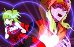 Rule 34 | 1boy, 1girl, beatmania iidx, bemani, black skirt, blunt bangs, bucchigiri?!, closed eyes, commentary request, green hair, heart, heart hands, highres, hishimiya tsugaru, hood, hood up, hoodie, kurogane tekka, long hair, moe moe kyun!, open mouth, orange eyes, orange hair, orange hoodie, parody, pleated skirt, prop is god, purple background, red shirt, shirt, short hair, skirt, sleeveless, sleeveless shirt, two side up, upper body
