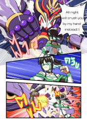 Rule 34 | 1girl, absurdres, atawatsho, black hair, blue eyes, blunt bangs, breaking, comic, commentary, english commentary, english text, genshin impact, glowing, glowing eyes, gundam, gundam unicorn, highres, katheryne (genshin impact), maid headdress, mecha, medium hair, multicolored hair, nt-d, punching, robot, scaramouche (genshin impact), scaramouche (kabukimono) (genshin impact), sidelocks, speech bubble, two-tone hair, wind