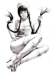 1girl ass azazel1944 gloves hat long_hair monochrome nurse_cap simple_background smile twintails