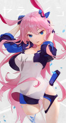 1girl :d animal_ears arms_behind_head blue_eyes blue_gloves caisan fox_ears gloves hair_between_eyes hair_ornament highres honkai_(series) honkai_impact_3rd katana long_hair looking_at_viewer open_mouth petals pink_hair sheath sheathed shirt single_glove single_thighhigh sleeves_rolled_up smile solo sword thighhighs weapon white_shirt white_thighhighs yae_sakura yae_sakura_(goushinnso_memento)