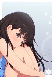 1girl absurdres amagami ayatsuji_tsukasa black_eyes black_hair blue_background blue_camisole border camisole closed_mouth commentary_request gradient_background hair_behind_ear highres hugging_own_legs kagari_ds knees_up long_hair looking_at_viewer outside_border sitting snowflakes solo thighs white_border