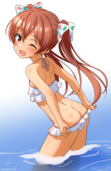 Rule 34 | 1girl, ass, bikini, bikini skirt, bow, brown eyes, brown hair, dark-skinned female, dark skin, frilled bikini, frilled tankini, frills, from behind, kantai collection, libeccio (kancolle), libeccio (swimsuit) (kancolle), long hair, multicolored polka dots, official alternate costume, one-hour drawing challenge, polka dot, polka dot bow, ray.s, ruffle bikini, simple background, smile, solo, swimsuit, twintails, wading, water, white background, white bikini
