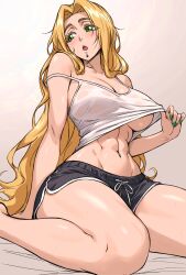 1girl abs bare_shoulders black_shorts blonde_hair blush breasts camisole chin_piercing cleavage dolphin_shorts face_piercing fate/grand_order fate_(series) green_eyes highres large_breasts long_hair looking_to_the_side navel navel_piercing open_mouth parted_bangs piercing quetzalcoatl_(fate) short_shorts shorts solo sweat toned toned_female white_camisole zantyarz