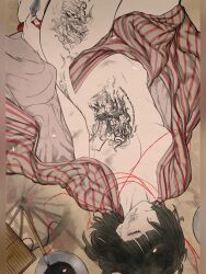 1girl absurdres arr_1l black_hair bob_cut breasts calligraphy_brush chest_tattoo closed_eyes coat coat_on_shoulders convenient_censoring e.g.o_(project_moon) highres inkwell leg_tattoo limbus_company lying nude on_back open_mouth paintbrush pink_petals project_moon ryoshu_(project_moon) short_hair sleeping small_breasts solo striped_clothes tattoo upside-down