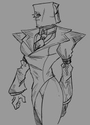 Rule 34 | 1boy, bag, bag over head, breasts, cuntboy, doctor, faust (guilty gear), guilty gear, guilty gear xx, male focus, male with breasts, narrow waist, necktie, paper bag, pussy, solo, thigh gap, thighs, user ekgd4434