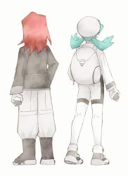 1boy 1girl asuka_rkgk backpack bag bike_shorts boots from_behind green_hair hat highres holding holding_poke_ball jacket kneepits kris_(pokemon) long_hair long_sleeves nintendo pants pants_tucked_in poke_ball pokemon pokemon_gsc red_hair shoes silver_(pokemon) simple_background spot_color standing twintails white_background white_bag white_hat
