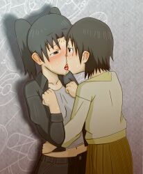 2girls absurdres against_wall anohito_(tokumei) blush breasts dennou_coil eye_contact french_kiss glasses grabbing_hips highres jacket kiss looking_at_another midriff multiple_girls skirt small_breasts sweat trembling twintails yuri