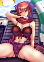 Rule 34 | 1girl, alternate costume, ball, baseball (object), beach, bikini, black bikini, blue bow, bottle, bow, breasts, cleavage, cloud, commentary request, hair bow, highres, huge breasts, innertube, looking at viewer, navel, outdoors, red eyes, red hair, red scarf, ribbon-trimmed bikini, ribbon trim, scarf, sekibanki, sekibanki (dullahan on the beach), shounen (hogehoge), sitting, solo, spread legs, swim ring, swimsuit, tongue, tongue out, touhou, touhou lostword, variant set, water bottle