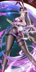 1girl animal_ears arm_strap ass bare_shoulders black_hair black_pantyhose breasts commentary earrings english_commentary feet_out_of_frame from_behind grey_eyes highres jewelry large_breasts leotard liang_xing long_hair looking_at_viewer looking_back marvel marvel_rivals pantyhose parted_lips playboy_bunny psylocke purple_leotard rabbit_ears rabbit_tail solo standing tail thigh_strap thighhighs thighs weapon x-men