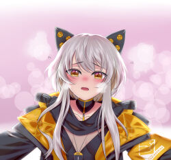 absurdres animal_ears armband black_jacket black_shirt blush commission demusako dog_tags fake_animal_ears grey_hair headgear highres hood hood_down jacket karenina:_blast_(pgr) karenina_(pgr) looking_at_viewer mechanical_ears open_mouth orange_eyes punishing:_gray_raven second-party_source shirt short_hair_with_long_locks sweat two-sided_fabric two-sided_jacket yellow_armband yellow_jacket