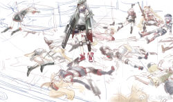 Rule 34 | absurdres, assault rifle, black socks, blood, bullpup, caseless firearm, creamyghost, g11 (girls&#039; frontline), girls&#039; frontline, grey hair, gun, hat, highres, holding, holding gun, holding weapon, idw (girls&#039; frontline), long hair, lying, multiple girls, p38 (girls&#039; frontline), red shoes, rifle, shoes, socks, standing, weapon