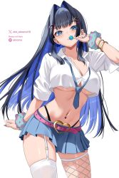 1girl alternate_costume artist_name bikini black_bikini blue_eyes blue_hair blue_necktie blue_skirt breasts candy colored_inner_hair commentary cropped_shirt english_commentary fishnet_thighhighs fishnets food garter_straps gyaru hair_intakes highleg highleg_bikini highres holding holding_candy holding_food holding_lollipop hololive hololive_english kogal large_breasts lollipop long_hair looking_at_viewer miniskirt multicolored_hair navel navel_piercing necktie oioi_ainomo ouro_kronii piercing pleated_skirt purple_nails scrunchie shirt skirt solo standing stomach swimsuit thighhighs virtual_youtuber white_shirt white_thighhighs wrist_scrunchie