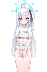1girl absurdres animal_ears blue_archive blue_halo blush bottomless closed_mouth commentary covering_crotch covering_privates cowboy_shot fake_animal_ears halo highres holding holding_phone long_hair looking_at_viewer miyako_(blue_archive) naked_shirt phone purple_eyes rabbit_ears shirt short_sleeves simple_background solo standing tisofofo twitter_cutting_game twitter_strip_game white_background white_hair white_shirt