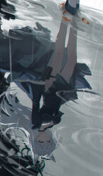 1girl absurdres animal_ear_fluff animal_ears black_choker black_dress black_gloves black_shoes blue_archive blue_eyes choker cross_hair_ornament dress extra_ears gloves grey_hair haimaotuanzi hair_between_eyes hair_ornament highres long_hair looking_at_viewer rain reflection shiroko_(blue_archive) shiroko_terror_(blue_archive) shoes sidelocks solo thigh_strap wolf_ears wolf_girl