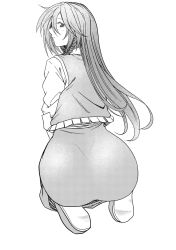 1girl ass braid closed_mouth greyscale halftone hong_meiling koyubi_(littlefinger1988) long_hair looking_back monochrome profile seiza shoes simple_background sitting solo touhou white_background