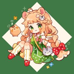 Rule 34 | 1girl, :3, absurdres, ahoge, animal ears, animal hair ornament, bloomers, blush stickers, bow, braid, braided twintails, cherry, chibi, choppy bangs, collared shirt, commentary, commentary request, commission, diamond (shape), dot nose, dress, english commentary, flower, food, fruit, full body, green background, green dress, green eyes, hair bow, hair flower, hair ornament, half up half down braid, hamster, hamster ears, highres, holding, holding plate, holding spoon, knees up, long hair, looking at viewer, loose socks, mary janes, mixed-language commentary, napo (napo illust), orange hair, original, pinafore dress, plate, polka dot, polka dot bow, polka dot dress, pudding, raised eyebrows, red bow, red shoes, shirt, shoes, short sleeves, sitting, skeb commission, sleeveless, sleeveless dress, socks, solo, spoon, striped clothes, striped socks, two-tone background, underwear, vertical-striped clothes, vertical-striped socks, very long hair, white background, white shirt, white socks, wristband, yellow bloomers