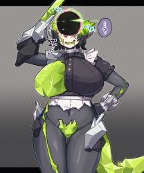 Rule 34 | 1girl, absurdres, black hair, body modification, breasts, colored inner hair, corruption, crystal sword, ellen joe, ethereal (zenless zone zero), fins, fish tail, frilled wristband, hair ornament, herutsuheimuu, highres, large breasts, looking at viewer, looking up, maid headdress, metal hairband, mind control, mole, mole under eye, monster, monsterification, multicolored hair, navel, one breast out, open mouth, red hair, salute, shark girl, shark tail, short hair, smile, solo, spiked headband, sword, tail, torn clothes, transformation, two-tone hair, weapon, zenless zone zero