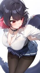 1girl absurdres black_bra black_hair black_pantyhose blue_skirt bra breasts choker cleavage colored_inner_hair ellen_joe fins fish_tail hair_ornament hairclip highres hutosutoro large_breasts mole mole_under_eye multicolored_hair pantyhose pleated_skirt red_eyes red_hair scar scar_on_tail see-through_clothes see-through_shirt shark_girl shark_tail shirt short_hair simple_background skirt solo sweat sweatdrop tail thigh_gap twitter_username underwear white_background white_shirt zenless_zone_zero