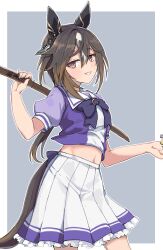 1girl animal_ears blush bokken border bow bowtie brown_eyes brown_hair commentary cowboy_shot ear_covers feather_hair_ornament feathers grey_background grin hair_ornament highres holding holding_behind_back holding_sword holding_sword_behind_back holding_weapon holding_weapon_behind_back horse_ears horse_girl horse_tail jitome kusanagi_kaoru long_hair looking_at_viewer midriff multicolored_hair navel outside_border pleated_skirt purple_bow purple_bowtie purple_shirt school_uniform shirt short_sleeves skirt smile solo stay_gold_(umamusume) streaked_hair sword tail teeth tracen_school_uniform umamusume weapon white_border white_hair white_skirt wooden_sword