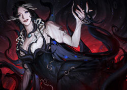 Rule 34 | 1girl, 2025, absurdres, black dress, black hair, blue eyes, breasts, chest jewel, dress, gem, highres, holding tentacle, linceyang, looking at viewer, multicolored dress, path to nowhere, puffy sleeves, red lips, red nails, shin (path to nowhere), shirt, signature, smile, teeth, tentacle hair, tentacles, torn clothes, torn shirt, torn sleeves, white shirt