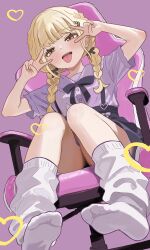 1girl alternate_costume amashi_2278 black_bow black_ribbon black_skirt blonde_hair blush bow braid commentary_request double_v feet foot_focus fujita_kotone full_body gakuen_idolmaster hair_bow hair_ribbon happy_birthday heart highres idolmaster jirai_kei long_hair loose_socks no_shoes on_chair pink_background purple_shirt ribbon shirt simple_background sitting skirt socks soles solo suspender_skirt suspenders toes tongue tongue_out twin_braids underwear v v_over_eye white_socks yellow_eyes