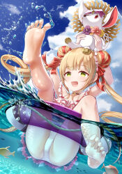 Rule 34 | 1girl, absurdres, animal, arms up, barefoot, bikini, blonde hair, double bun, feet, foot up, frilled bikini, frills, full body, gplnbeat, green eyes, hair bun, highres, holding, holding animal, knee up, long hair, luna (shadowverse), off-shoulder bikini, off shoulder, open mouth, partially submerged, shadowverse, soles, swimsuit, toes, twintails, very long hair, water, white bikini