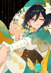 1boy aqua_hair beret black_background black_hair blue_hair braid brown_corset buttons cape center_frills collared_cape commentary_request corset flower frilled_sleeves frills genshin_impact gradient_hair green_cape green_eyes green_hat green_shorts hair_between_eyes hair_flower hair_ornament hand_up hat highres long_sleeves looking_at_viewer male_focus medium_hair multicolored_hair ok_sign one_eye_closed pantyhose parted_lips puffy_shorts shirt short_shorts shorts side_braids smile solo twin_braids two-sided_cape two-sided_fabric udukinoiris venti_(genshin_impact) vision_(genshin_impact) white_flower white_pantyhose white_shirt yellow_cape