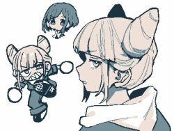 100387l 2girls angry annoyed blunt_bangs chibi closed_mouth cone_hair_bun double_bun fukurai_azami glaring hair_bun hood hood_down jaggy_lines jitome jumpsuit limited_palette long_sleeves looking_at_viewer looking_back multiple_girls multiple_views sharp_teeth short_hair simple_background teeth tomarigi_yasumi toshi_densetsu_kaitai_center upper_body white_background