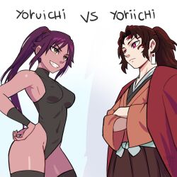Rule 34 | 1boy, 1girl, absurdres, bare arms, bare shoulders, black leotard, black thighhighs, bleach, breasts, brown hair, character name, commentary, crossed arms, crossover, dark-skinned female, dark skin, earrings, english commentary, frown, grin, hanafuda earrings, hand on own hip, highres, japanese clothes, jewelry, kimetsu no yaiba, kimono, leotard, long hair, looking at another, medium breasts, name connection, ponytail, purple hair, red eyes, scar, scar on face, scar on forehead, shihouin yoruichi, simple background, smile, thighhighs, tsugikuni yoriichi, vs, watcher hollow, yellow eyes