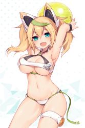 1girl :d armband armpits arms_up bad_id bad_twitter_id ball beachball bikini blonde_hair blue_eyes breasts cleavage contrapposto cowboy_shot criss-cross_halter fang female_focus gene_(pso2) halterneck headgear jewelry large_breasts muryotaro navel open_mouth phantasy_star phantasy_star_online_2 smile solo standing sweat swimsuit thighlet twintails underboob wristband