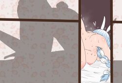1boy 1girl animal_ears blue_hair braid breasts doggystyle fuzzlogik hetero highres hololive implied_sex implied_vaginal large_breasts long_hair multicolored_hair nipples pekomama rabbit_ears rabbit_girl rabbit_tail sex sex_from_behind sweat tail top-down_bottom-up two-tone_hair virtual_youtuber white_hair