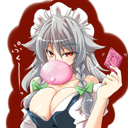 1girl areola_slip blush body_blush bow braid breasts breasts_squeezed_together cleavage clothes_down collarbone condom condom_balloon condom_in_mouth embodiment_of_scarlet_devil female_focus grey_hair hair_bow headband huge_breasts izayoi_sakuya large_breasts looking_at_viewer maid maid_headdress mouth_hold naughty_face nipple_slip nipples off_shoulder open_clothes open_shirt red_background red_eyes shiny_clothes shiny_skin shirt solo tajima_yuuki touhou twin_braids upper_body