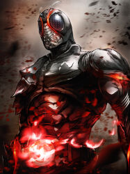 1boy antennae armor assembling belt black_armor black_eyes bug century_king_sun_driver full_armor glowing grasshopper highres insect kamen_rider kamen_rider_black_sun kamen_rider_black_sun_(series) male_focus organic rider_belt solo standing sterben tokusatsu upper_body