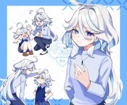 &gt;_&lt; 2girls absurdres alternate_costume black_pants blue_background blue_eyes blue_hair blue_pupils blue_shirt blue_shorts casual clenched_hands closed_mouth collar colored_inner_hair contemporary crying curly_ends curly_sidelocks eyelash_ornament facing_another flying_sweatdrops furina_(genshin_impact) genshin_impact hair_between_eyes hand_on_own_chest hands_on_own_face hands_on_own_hips hands_up headpat heterochromia highres jewelry long_hair long_sleeves looking_at_another looking_at_viewer mismatched_pupils mother&#039;s_day multicolored_hair multiple_girls oishii_sasa on_one_knee open_hand pants pendant puffy_sleeves purple_eyes purple_pupils purple_shirt purple_sleeves scraped_knee shirt shoes short_hair shorts smile sweatdrop watermark white_collar white_hair white_shoes white_sleeves wide-eyed