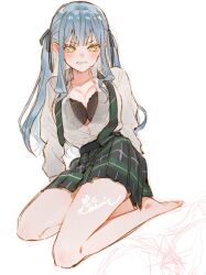 1girl artist_name bang_dream! bang_dream!_it&#039;s_mygo!!!!! barefoot black_bra black_ribbon blush bra breasts cleavage clenched_teeth collarbone collared_shirt cosmic_(crownclowncosmic) full_body green_necktie green_skirt grey_hair grey_ribbon hair_ribbon haneoka_school_uniform high-waist_skirt highres large_breasts long_hair long_sleeves looking_at_viewer miniskirt necktie parted_lips partially_unbuttoned plaid_clothes plaid_skirt pleated_skirt ribbon school_uniform see-through_clothes see-through_shirt seiza shirt shirt_tucked_in sidelocks signature simple_background sitting skirt solo striped_clothes teeth togawa_sakiko two-tone_ribbon two_side_up underwear undone_necktie v-shaped_eyebrows vertical-striped_clothes vertical-striped_necktie wavy_hair white_background white_shirt yellow_eyes