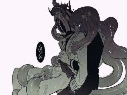 Rule 34 | 1boy, 1girl, bow, clock, collared shirt, dante (limbus company), fire, genderswap, genderswap (otm), hair bow, hairband, highres, hug, hug from behind, implied tentacle sex, ishmael (project moon), lapels, limbus company, long hair, long sleeves, necktie, notched lapels, object head, project moon, shirt, simple background, sitting, slime (substance), speech bubble, sucker mark, suction cups, tama launcher, tentacle hair, tentaclejob, very long hair