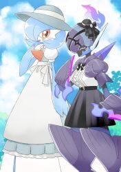 2girls alternate_color arm_blade black_bow blue_hair blue_skin blue_sky bob_cut bow ceruledge clothed_pokemon cloud colored_skin dress fire gardevoir gen_3_pokemon hat highres mizuki_(sjsj_10) multicolored_skin multiple_girls nintendo orange_eyes outdoors pokemon pokemon_(creature) shiny_pokemon sky sword two-tone_skin weapon white_skin