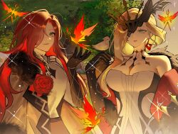 2girls bare_shoulders bird bird_on_hand black_fur black_gloves blonde_hair breasts brown_eyes cleavage closed_mouth coat collarbone commission couple dress earrings flower fur_trim genshin_impact gloves glowing grey_eyes hair_over_one_eye head_tilt highres huge_breasts jewelry long_hair long_sleeves looking_up mask_over_one_eye multiple_girls oc_x_canon off_shoulder original parted_lips pink_lips red_hair rose shade signora_(genshin_impact) smile standing u_s0901 upper_body wavy_hair yuri