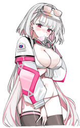 1girl bikini black_survival blush breasts colored_inner_hair eternal_return:_black_survival eyewear_on_head gas_mask highres jacket long_hair marlene_(black_survival) marlene_(cotton_candy)_(black_survival) mask multicolored_hair okchun red_eyes simple_background solo standing swimsuit thighhighs white_background white_hair