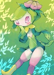 1girl blush colored_sclera colored_skin female_focus flat_chest flower gradient_background green_background green_hair green_leotard green_skin green_theme hair_flower hair_ornament hand_to_own_mouth hands_up heart highres hisuian_lilligant legs leotard looking_to_the_side monster_girl multicolored_skin nintendo one_eye_closed pink_flower pink_sclera pink_skin plant_girl pokemon pokemon_(creature) redtrain shoes short_hair sidelocks solo strapless strapless_leotard swept_bangs thighs white_eyes white_skin wink yellow_shoes