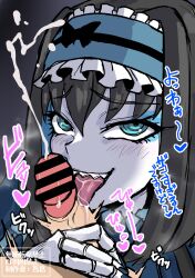 1boy 1girl autoscorer bar_censor black_hair blue_eyes blue_hair censored colored_inner_hair cum doll_joints ejaculation erection fellatio frilled_hairband frills garie_tuman hairband highres joints licking licking_penis multicolored_hair oral pale_skin penis senki_zesshou_symphogear sharp_teeth short_hair smile solo_focus striped_clothes striped_hairband teeth two-tone_hair zasshu_nigou