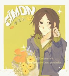 Rule 34 | 1girl, black eyes, border, bouquet, brown hair, cry of fear, english text, flower, green hoodie, grey jacket, highres, holding, holding bouquet, hood, hood down, hoodie, jacket, konicomchiee, medium hair, outside border, playing with own hair, solo, sophie (cry of fear), sparkle, sunflower, tulip, upper body, white border