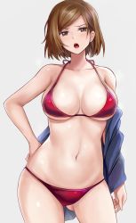 1girl :o bikini blue_jacket breasts brown_eyes brown_hair commentary_request contrapposto cowboy_shot furrowed_brow halterneck hand_on_own_hip highres jacket jujutsu_kaisen kugisaki_nobara large_breasts looking_at_viewer navel off_shoulder open_mouth r-binon red_bikini short_hair solo stomach swept_bangs swimsuit